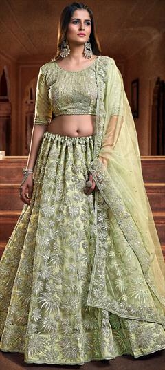 Engagement, Reception, Wedding Green color Lehenga in Net fabric with A Line Sequence, Thread, Zari work : 1778856