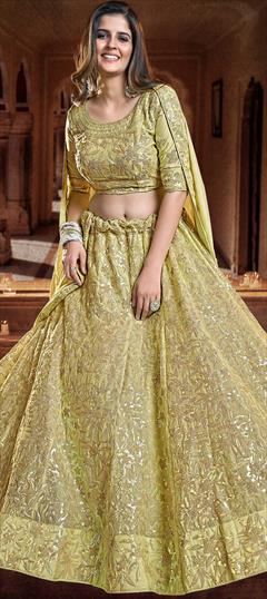 Engagement, Reception, Wedding Yellow color Lehenga in Georgette fabric with A Line Sequence, Thread, Zari work : 1778857