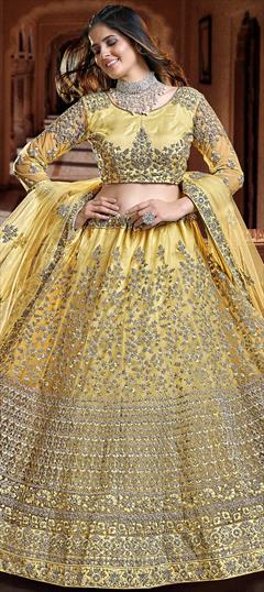 Engagement, Reception, Wedding Yellow color Lehenga in Net fabric with A Line Sequence, Thread, Zari work : 1778858