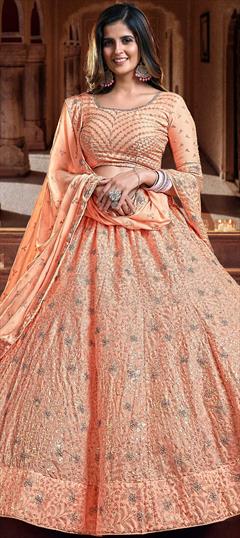 Engagement, Reception, Wedding Orange color Lehenga in Georgette fabric with A Line Sequence, Thread, Zari work : 1778859