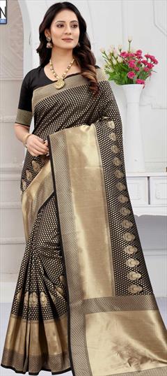 Traditional Black and Grey color Saree in Art Silk, Silk fabric with South Weaving work : 1778979