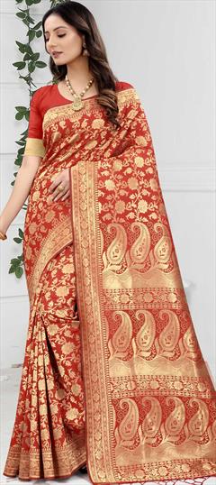 Traditional Red and Maroon color Saree in Art Silk, Silk fabric with South Weaving work : 1778981