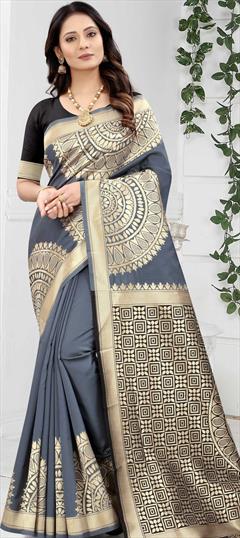 Traditional Black and Grey color Saree in Art Silk, Silk fabric with South Weaving work : 1778982
