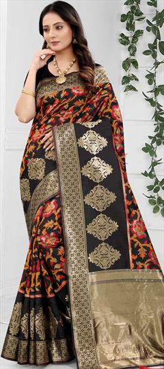 Traditional Black and Grey color Saree in Art Silk, Silk fabric with South Weaving work : 1778987