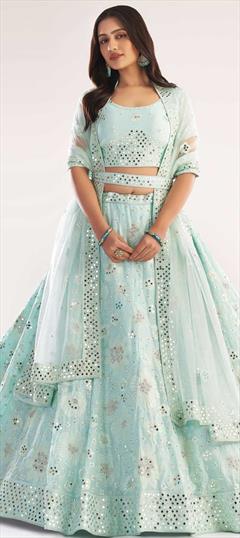 Engagement, Festive, Wedding Blue color Lehenga in Net fabric with A Line Embroidered, Mirror, Thread, Zari, Zircon work : 1779097