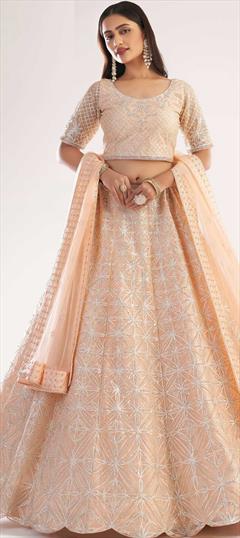 Engagement, Festive, Wedding Pink and Majenta color Lehenga in Net fabric with A Line Gota Patti, Zircon work : 1779098
