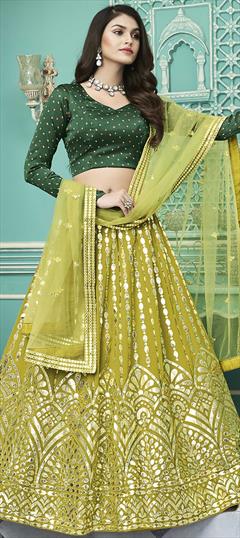 Festive, Wedding Green color Lehenga in Georgette fabric with A Line Embroidered, Gota Patti, Thread work : 1779286