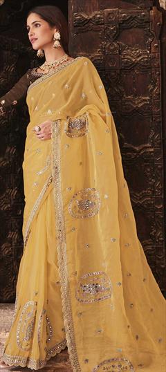Festive, Traditional Yellow color Saree in Organza Silk, Silk fabric with South Mirror, Thread, Zari work : 1779316