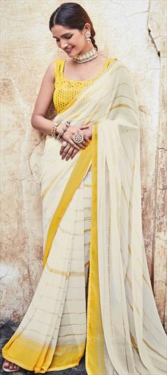 Festive, Mehendi Sangeet, Party Wear White and Off White color Saree in Georgette fabric with Classic Gota Patti, Printed, Thread work : 1779320