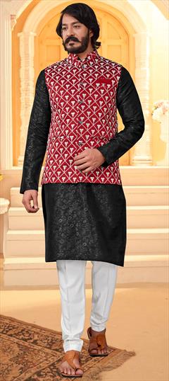 Black and Grey color Kurta Pyjama with Jacket in Art Silk fabric with Embroidered, Resham, Thread work : 1779403
