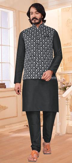 Black and Grey color Kurta Pyjama with Jacket in Art Silk fabric with Embroidered, Resham, Thread work : 1779404