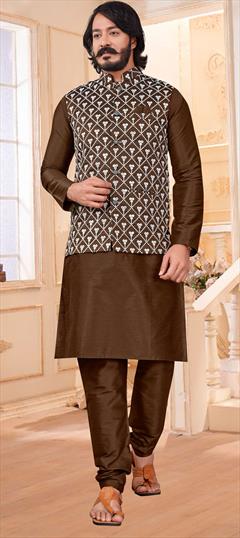 Beige and Brown color Kurta Pyjama with Jacket in Art Silk fabric with Embroidered, Resham, Thread work : 1779406