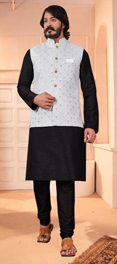 Black and Grey color Kurta Pyjama with Jacket in Art Silk fabric with Embroidered, Mirror, Resham, Thread work : 1779407