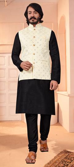 Black and Grey color Kurta Pyjama with Jacket in Art Silk fabric with Embroidered, Mirror, Resham, Thread work : 1779409