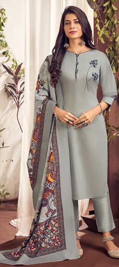 Festive, Party Wear Black and Grey color Salwar Kameez in Cotton fabric with Straight Cut Dana, Resham, Thread work : 1779481