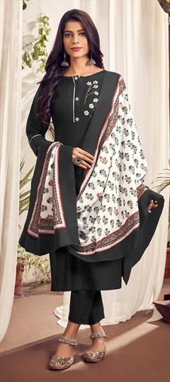 Festive, Party Wear Black and Grey color Salwar Kameez in Cotton fabric with Straight Cut Dana, Resham, Thread work : 1779483