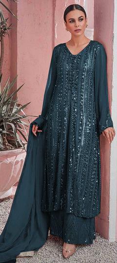 Festive, Party Wear Blue color Salwar Kameez in Faux Georgette fabric with A Line, Pakistani, Palazzo Embroidered, Lace, Sequence, Thread work : 1779495