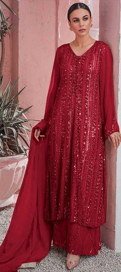 Festive, Party Wear Red and Maroon color Salwar Kameez in Faux Georgette fabric with A Line, Pakistani, Palazzo Embroidered, Lace, Sequence, Thread work : 1779496