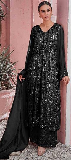 Festive, Party Wear Black and Grey color Salwar Kameez in Faux Georgette fabric with A Line, Pakistani, Palazzo Embroidered, Lace, Sequence, Thread work : 1779499