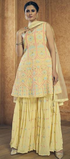 Engagement, Festive, Party Wear Yellow color Salwar Kameez in Georgette fabric with Sharara Resham, Thread, Zari work : 1779541
