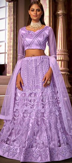Mehendi Sangeet, Reception Purple and Violet color Lehenga in Net fabric with A Line Embroidered, Resham, Sequence, Thread work : 1779578
