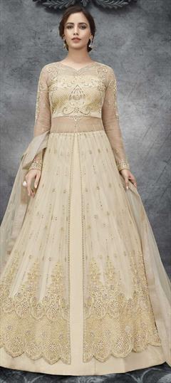 Mehendi Sangeet, Party Wear Beige and Brown color Long Lehenga Choli in Net fabric with Embroidered, Stone, Thread, Zari work : 1779580