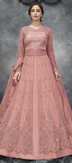 Mehendi Sangeet, Party Wear Pink and Majenta color Long Lehenga Choli in Net fabric with Embroidered, Stone, Thread, Zari work : 1779583