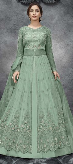 Mehendi Sangeet, Party Wear Green color Long Lehenga Choli in Net fabric with Embroidered, Stone, Thread, Zari work : 1779584
