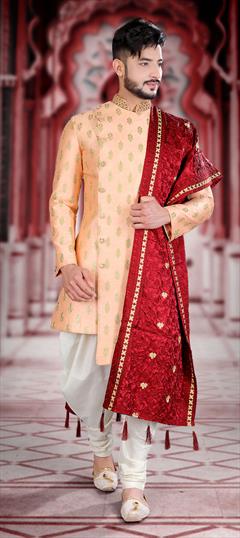 Beige and Brown color IndoWestern Dress in Art Silk, Silk fabric with Embroidered, Thread, Zari work : 1779597