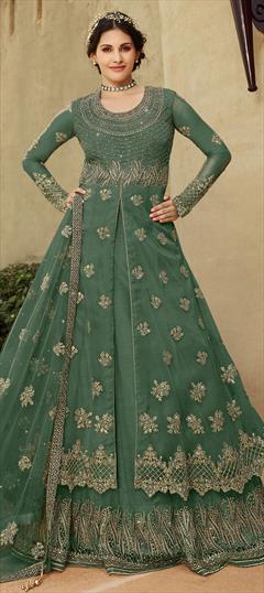 Festive, Party Wear Green color Long Lehenga Choli in Net fabric with Embroidered, Resham, Thread work : 1779634