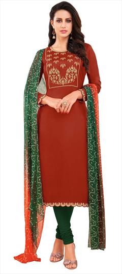 Casual, Party Wear Beige and Brown color Salwar Kameez in Cotton fabric with Churidar, Straight Embroidered, Sequence, Thread, Zari work : 1779784