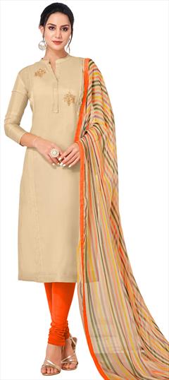 Casual, Party Wear Beige and Brown color Salwar Kameez in Cotton fabric with Churidar, Straight Embroidered, Thread, Zari work : 1779797