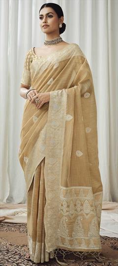 Traditional Beige and Brown color Saree in Linen fabric with Bengali Weaving work : 1779995