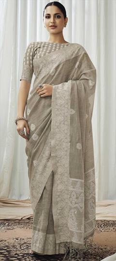 Traditional Black and Grey color Saree in Linen fabric with Bengali Weaving work : 1779996
