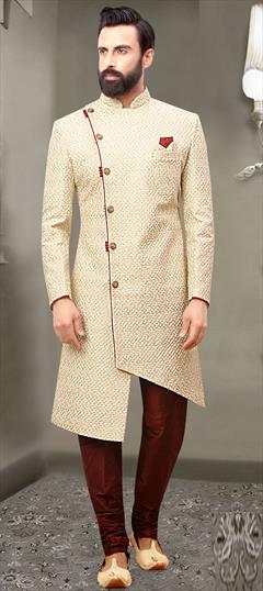 Wedding Beige and Brown color Sherwani in Jacquard fabric with Weaving work : 1780116