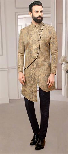 Beige and Brown color IndoWestern Dress in Jacquard fabric with Weaving work : 1780117