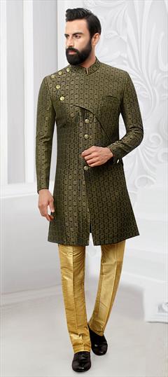 Green color IndoWestern Dress in Jacquard fabric with Weaving work : 1780118