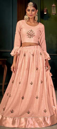 Engagement, Festive, Mehendi Sangeet Pink and Majenta color Lehenga in Georgette fabric with A Line Embroidered, Sequence, Thread work : 1780152