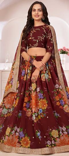 Engagement, Festive, Reception Red and Maroon color Lehenga in Georgette fabric with A Line Digital Print, Embroidered, Floral, Sequence work : 1780191