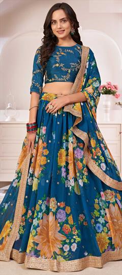 Engagement, Festive, Reception Blue color Lehenga in Georgette fabric with A Line Digital Print, Embroidered, Floral, Sequence work : 1780194