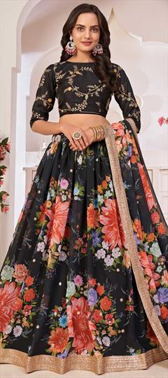 Engagement, Festive, Reception Black and Grey color Lehenga in Georgette fabric with A Line Digital Print, Embroidered, Floral, Sequence work : 1780195