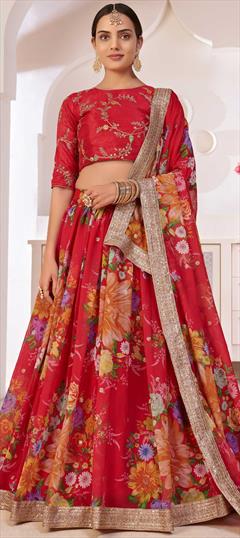 Engagement, Festive, Reception Pink and Majenta color Lehenga in Georgette fabric with A Line Digital Print, Embroidered, Floral, Sequence work : 1780196