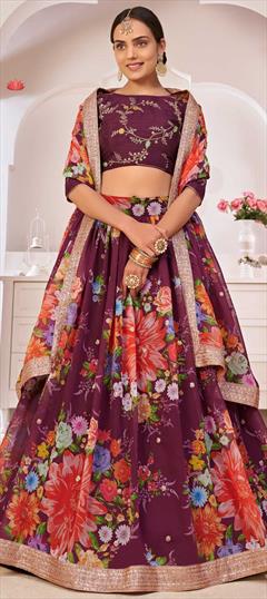 Engagement, Festive, Reception Purple and Violet color Lehenga in Georgette fabric with A Line Digital Print, Embroidered, Floral, Sequence work : 1780197