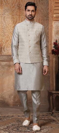 Black and Grey color Kurta Pyjama with Jacket in Art Silk fabric with Broches, Embroidered, Thread work : 1780231