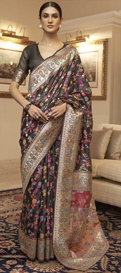 Traditional Black and Grey color Saree in Handloom fabric with Bengali, South Weaving work : 1780344