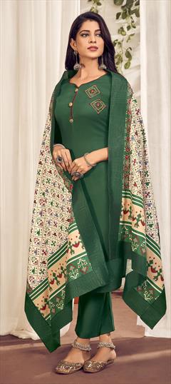 Casual Green color Salwar Kameez in Cotton fabric with Straight Resham, Thread work : 1780479