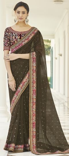 Traditional Beige and Brown color Saree in Organza Silk, Silk fabric with South Thread, Zari work : 1780537
