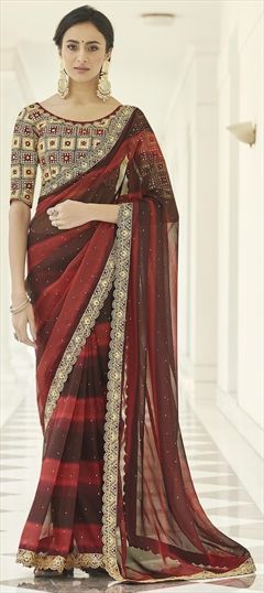 Traditional Red and Maroon color Saree in Organza Silk, Silk fabric with South Gota Patti, Thread work : 1780539