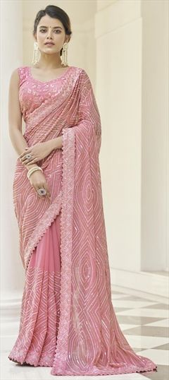 Designer, Festive, Party Wear, Reception Pink and Majenta color Saree in Georgette fabric with Classic Sequence, Thread, Zari work : 1780543