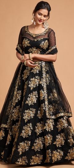 Bridal, Wedding Black and Grey color Lehenga in Net fabric with A Line Aari work : 1780583